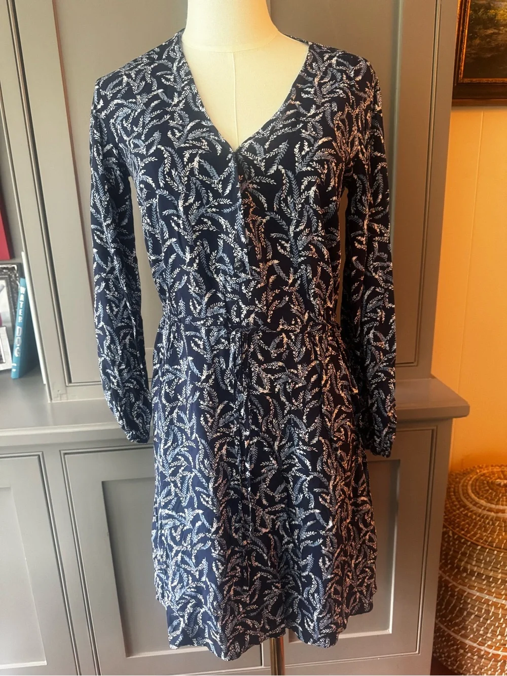 Draper James Navy and White Leaf-Print Long Sleeve Wrap Dress